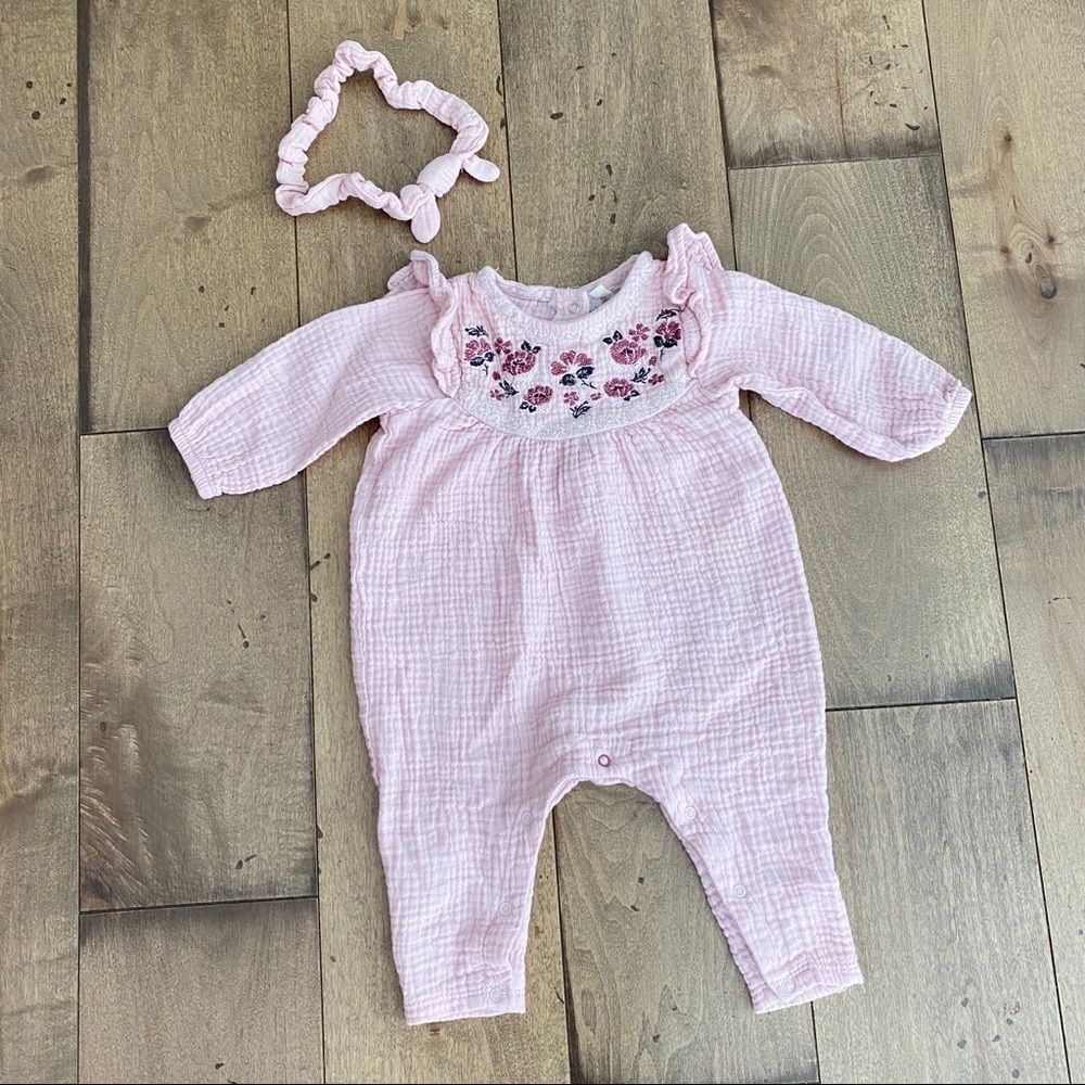 Jessica Simpson Jumpsuit Romper Matching Headband 6-9m Baby Girl Infant Outfit